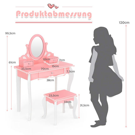 Children's dressing table with stool Princess dressing table with 3 drawers & mirror pink