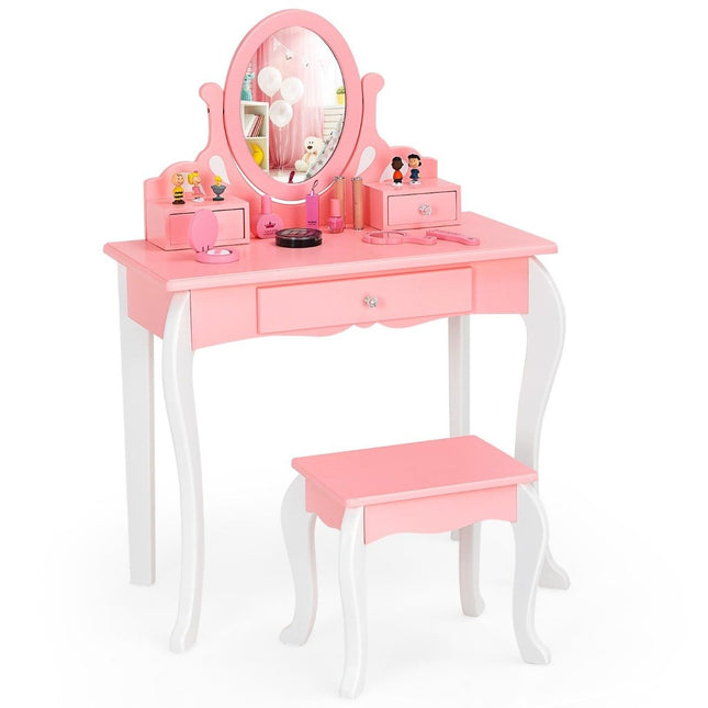 Children's dressing table with stool Princess dressing table with 3 drawers & mirror pink
