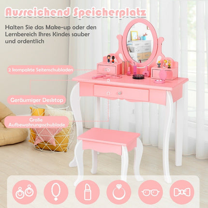 Children's dressing table with stool Princess dressing table with 3 drawers & mirror pink