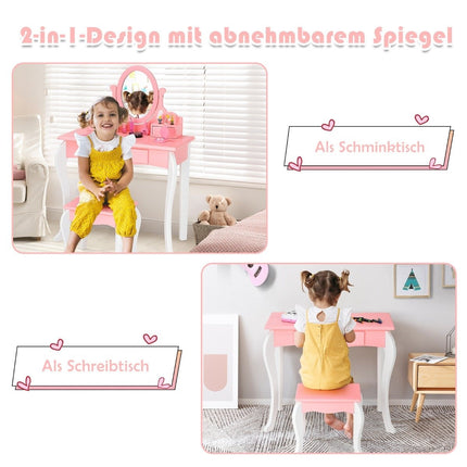Children's dressing table with stool Princess dressing table with 3 drawers & mirror pink