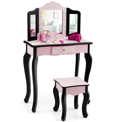 Children's dressing table with stool & tri-fold mirror & drawer leopard