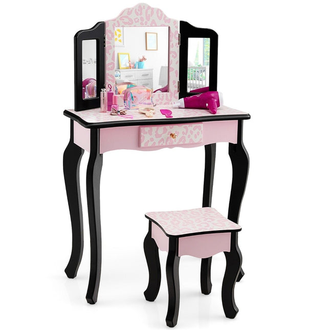 Children's dressing table with stool & tri-fold mirror & drawer leopard