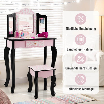 Children's dressing table with stool & tri-fold mirror & drawer leopard