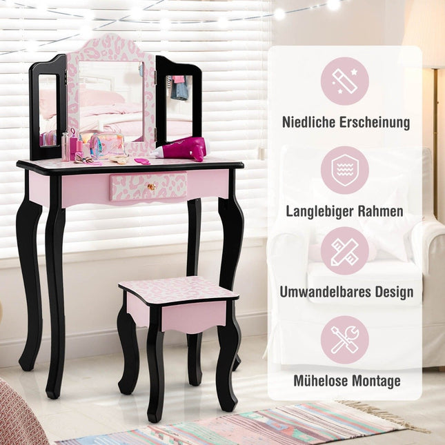 Children's dressing table with stool & tri-fold mirror & drawer leopard