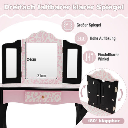 Children's dressing table with stool & tri-fold mirror & drawer leopard