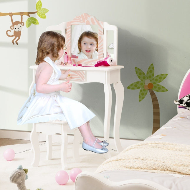 Children's dressing table with stool & triple folding mirror & drawer Zebra