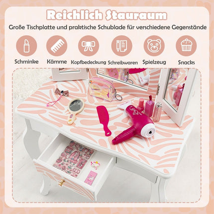 Children's dressing table with stool & triple folding mirror & drawer Zebra