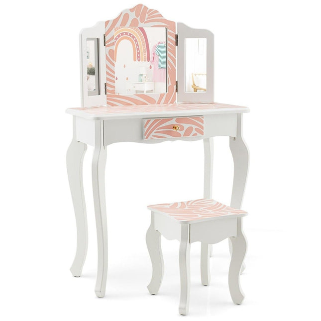 Children's dressing table with stool & triple folding mirror & drawer Zebra