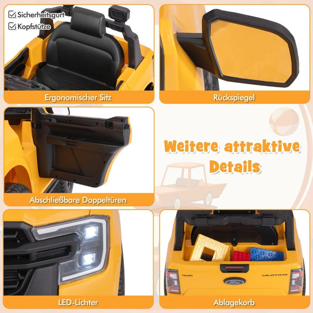 Children's electric car Ford 12V children's car electric with remote control & storage basket & USB & music yellow