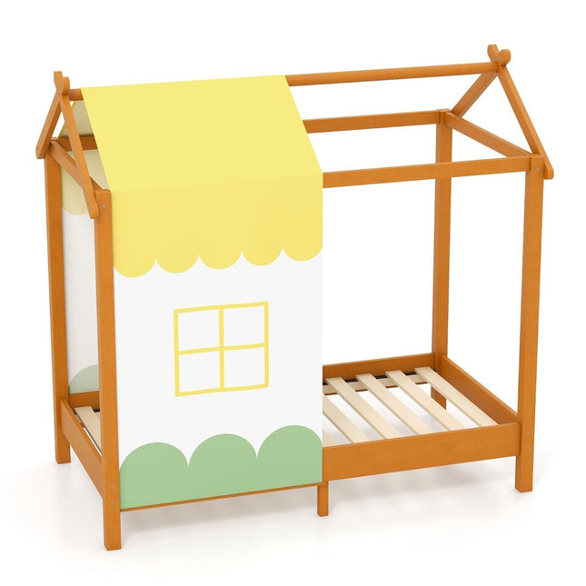 Children's house bed with roof & removable bed canopy & 12 solid wood slats floor bed frame