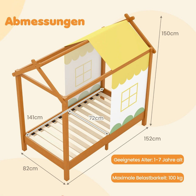 Children's house bed with roof & removable bed canopy & 12 solid wood slats floor bed frame