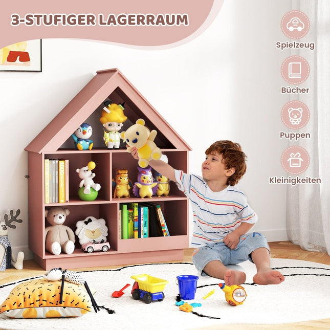 Children's house-shaped bookcase, wooden children's shelf with 5 compartments, 88 x 34 x 108 cm, pink