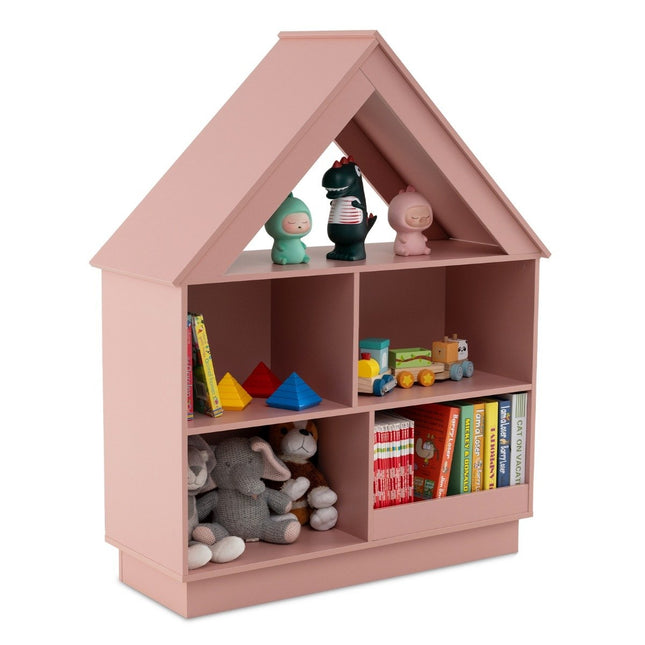 Children's house-shaped bookcase, wooden children's shelf with 5 compartments, 88 x 34 x 108 cm, pink