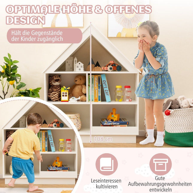 Children's house-shaped bookcase, wooden children's shelf with 5 compartments, 88 x 34 x 108 cm, white