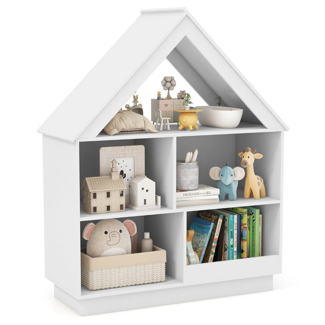 Children's house-shaped bookcase, wooden children's shelf with 5 compartments, 88 x 34 x 108 cm, white