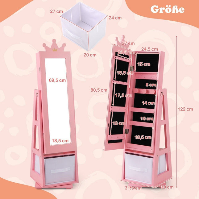 Children's jewelry cabinet 2 in 1 tilting mirror cabinet with full-length mirror 31.5 x 30 x 115 cm pink