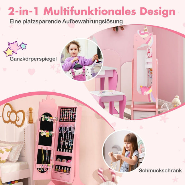 Children's jewelry cabinet 2 in 1 tilting mirror cabinet with full-length mirror pink