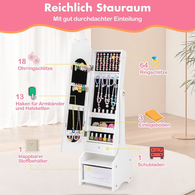 Children's jewelry cabinet 2 in 1 tilting mirror cabinet with full-length mirror white