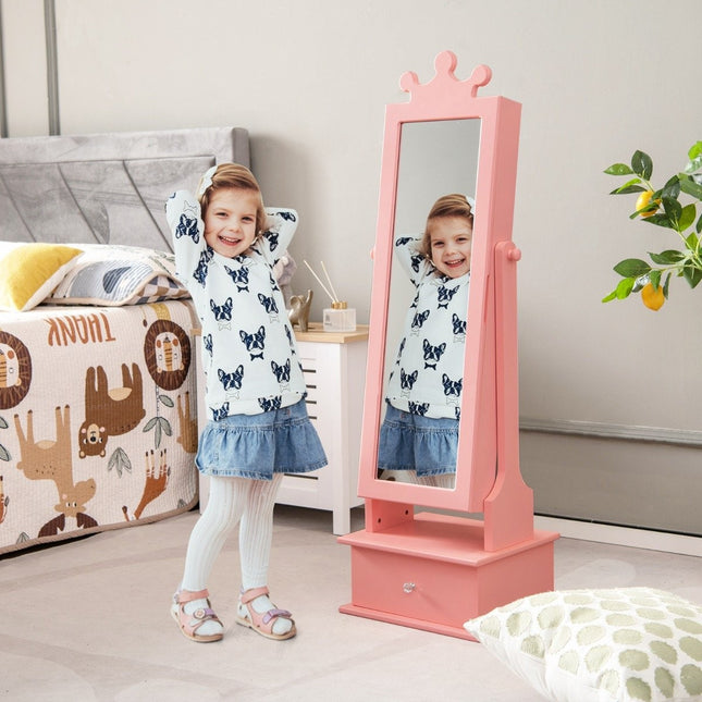 Children's jewelry cabinet with full-length mirror & 2 tilt angles & 3 drawers pink