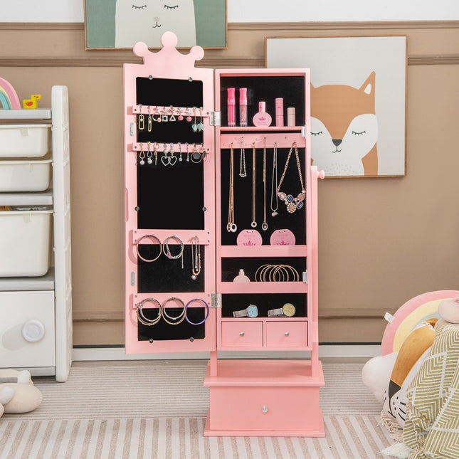 Children's jewelry cabinet with full-length mirror & 2 tilt angles & 3 drawers pink