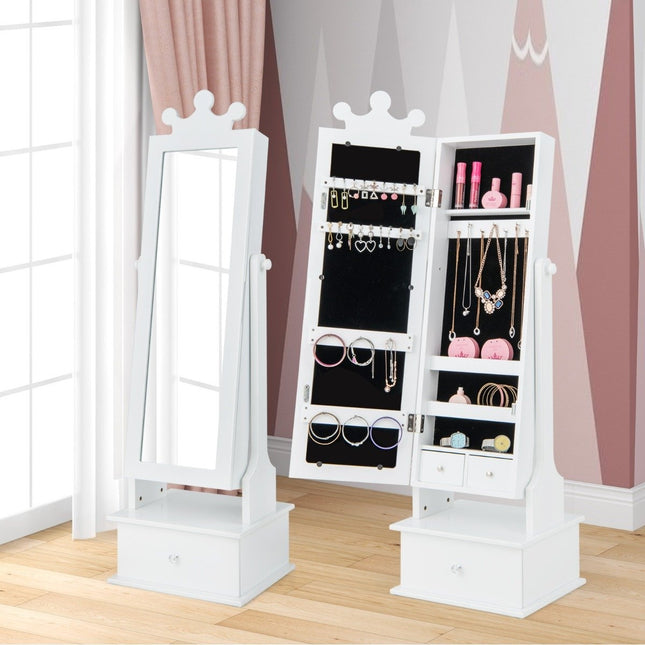 Children's jewelry cabinet with full-length mirror & 2 tilt angles & 3 drawers white