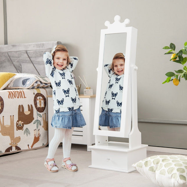 Children's jewelry cabinet with full-length mirror & 2 tilt angles & 3 drawers white