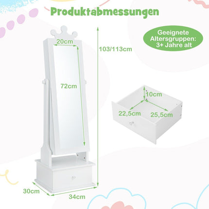 Children's jewelry cabinet with full-length mirror & 2 tilt angles & 3 drawers white