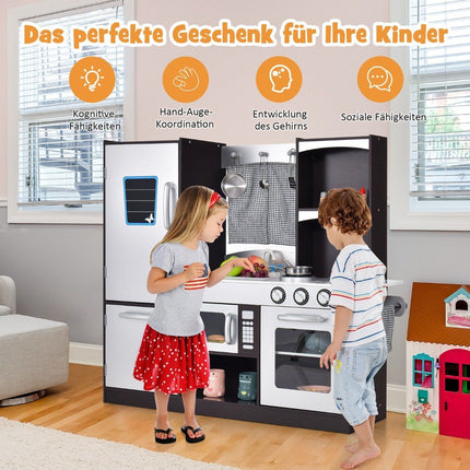 Children's kitchen made of wood, children's play kitchen with refrigerator and lots of storage space, 97 x 30 x 95 cm, brown