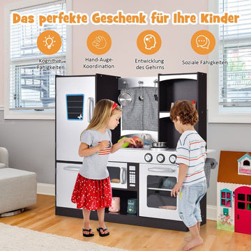Children's kitchen made of wood, children's play kitchen with refrigerator and lots of storage space, 97 x 30 x 95 cm, brown
