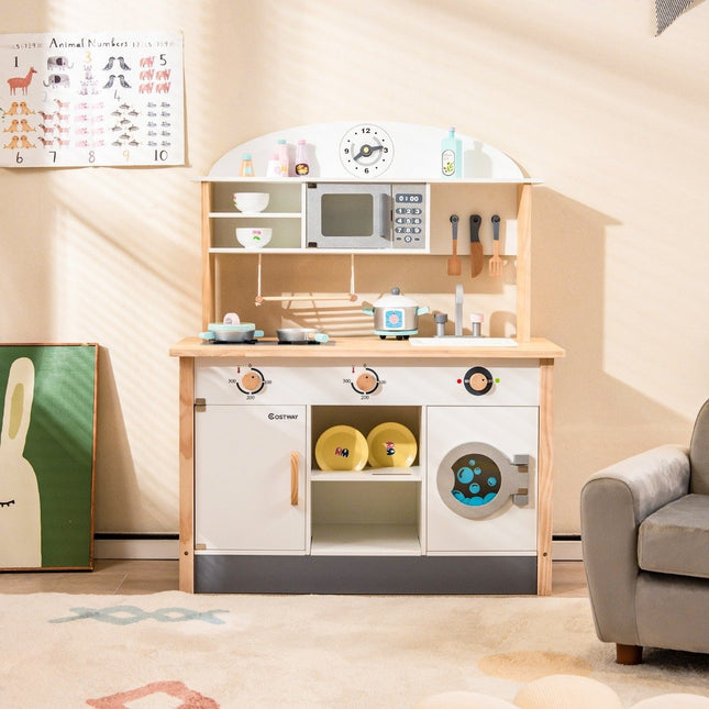 Children's kitchen made of wood including 17 accessories with microwave & washing machine & stoves white