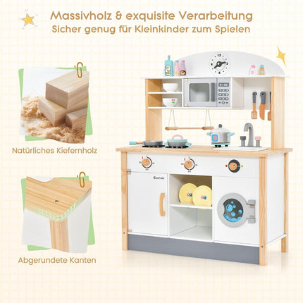 Children's kitchen made of wood including 17 accessories with microwave & washing machine & stoves white