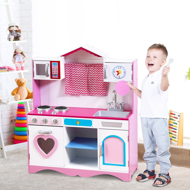 Children's kitchen play kitchen made of wood with removable sink microwave oven children's kitchen pink