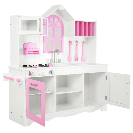 Children's kitchen play kitchen made of wood with sink & hooks & oven & microwave pink & white