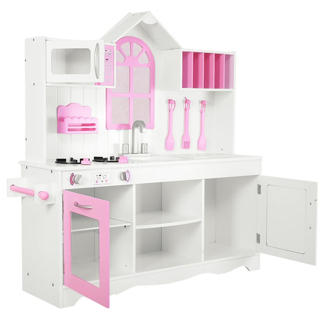 Children's kitchen play kitchen made of wood with sink & hooks & oven & microwave pink & white