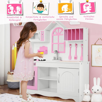 Children's kitchen play kitchen made of wood with sink & hooks & oven & microwave pink & white