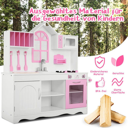Children's kitchen play kitchen made of wood with sink & hooks & oven & microwave pink & white