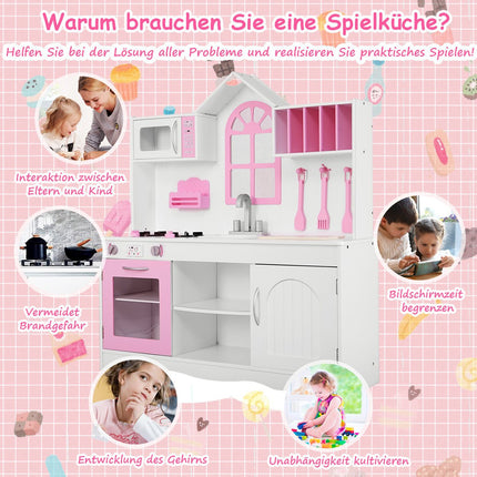 Children's kitchen play kitchen made of wood with sink & hooks & oven & microwave pink & white
