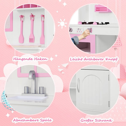 Children's kitchen play kitchen made of wood with sink & hooks & oven & microwave pink & white