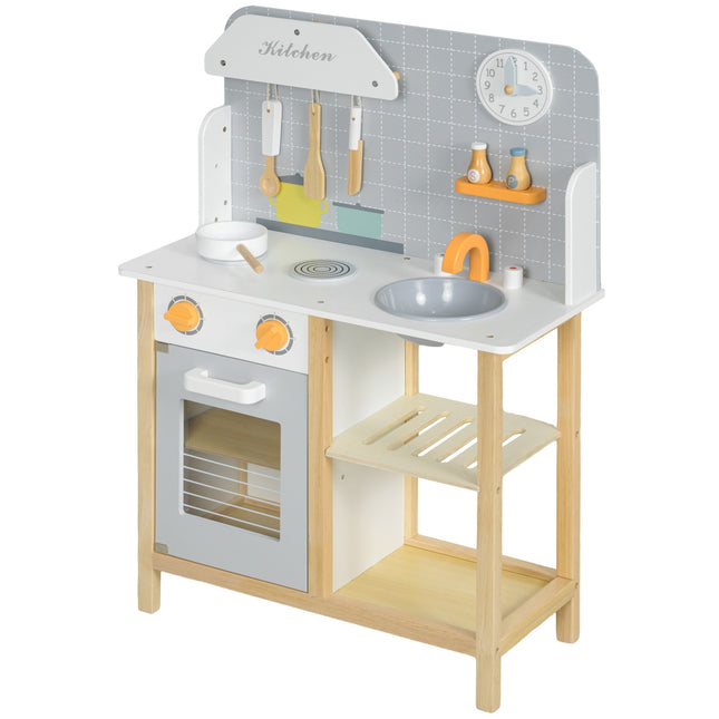 Gray play kitchen set for children with stove, sink and accessories