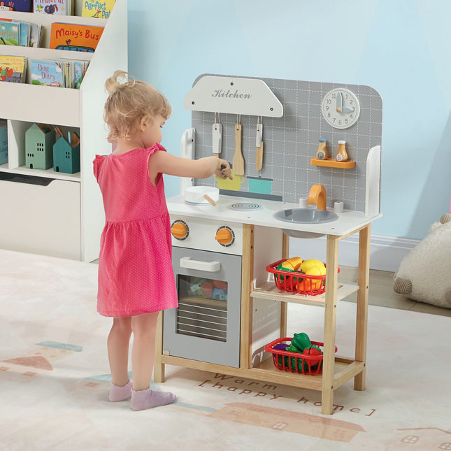 Gray play kitchen set for children with stove, sink and accessories