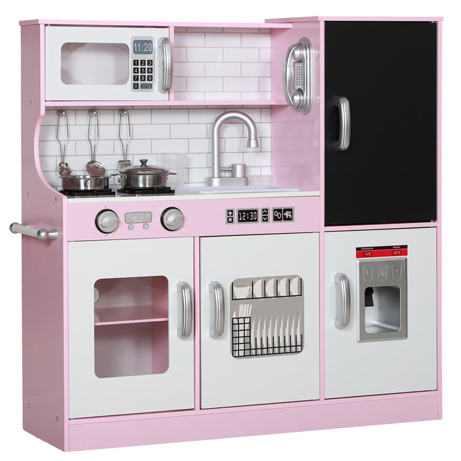 Pink play kitchen for children with toy phone and accessories