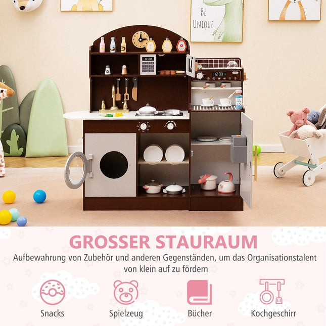 Children's kitchen with 27 accessories, wooden play kitchen with clock, microwave, brown