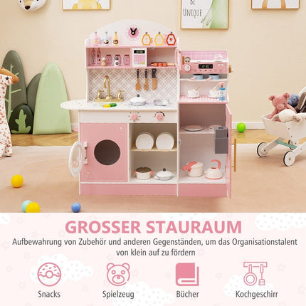 Children's kitchen with 27 accessories, wooden play kitchen with clock, microwave, pink