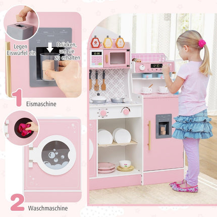 Children's kitchen with 27 accessories, wooden play kitchen with clock, microwave, pink