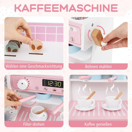 Children's kitchen with 27 accessories, wooden play kitchen with clock, microwave, pink
