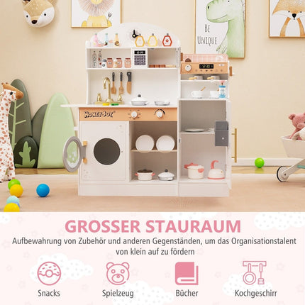 Children's kitchen with 27 accessories, wooden play kitchen with clock, microwave, white