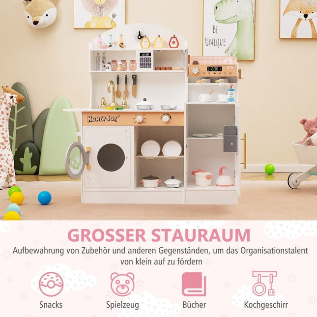 Children's kitchen with 27 accessories, wooden play kitchen with clock, microwave, white
