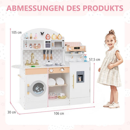 Children's kitchen with 27 accessories, wooden play kitchen with clock, microwave, white