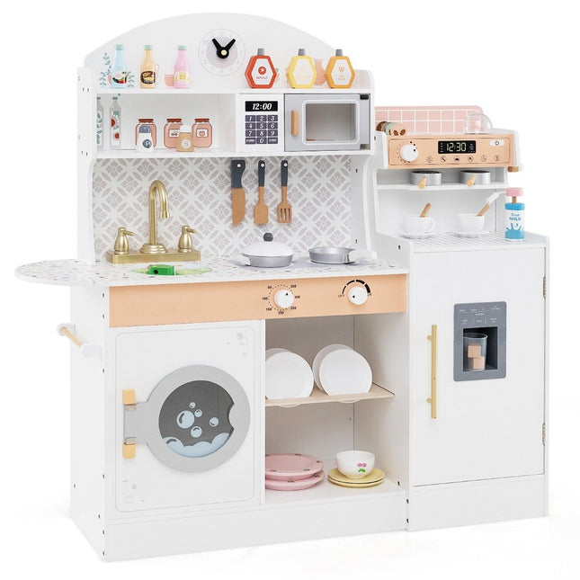 Children's kitchen with 27 accessories, wooden play kitchen with clock, microwave, white
