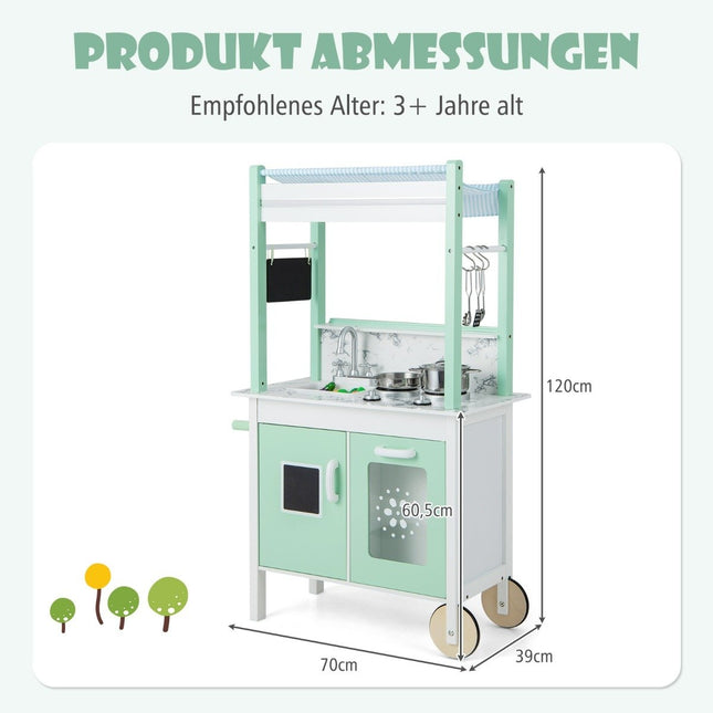 Children's kitchen with shop & wheels & 17 accessories & light & remote control play kitchen green